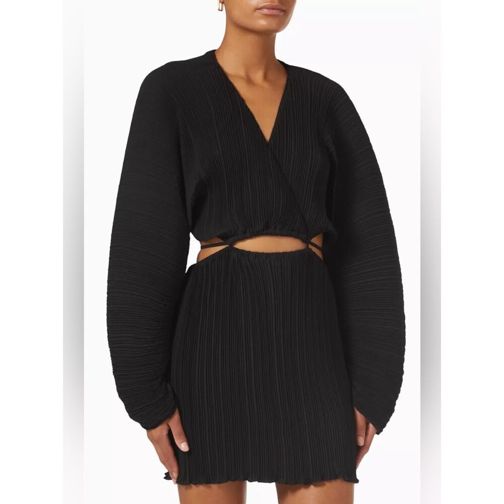 Good American Black Accordion Pleated Cutout Mini Dress Balloon Sleeve Size 1/2